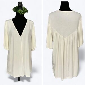 Anthropologie Bordeaux Ivory Jersey Angel Sleeve Gathered Back Tunic Top SZ S